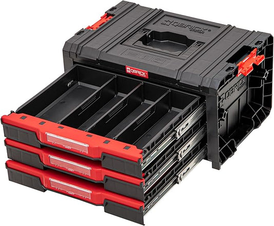 Qbrick System Pro - Werkzeugkoffer Werkzeugkasten Leer Werkzeugkiste PRO Drawer 3 Toolbox 2.0 Basic Schwarz Rot 450 x 310 x 244 mm